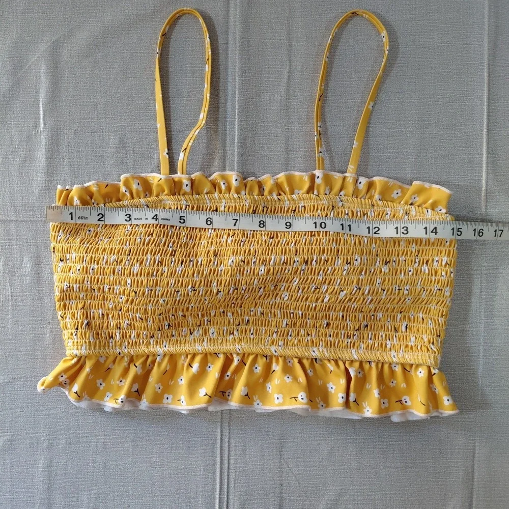 Smocked Floral Bandeau Ruffled Bikini Top Women's L Crop Top Yellow Ditsy Floral